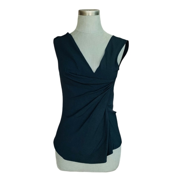 Women Top THEORY Black Sleeveless Top Deep V-Neck Ruffled Front Open Back Blouse - Picture 2 of 7